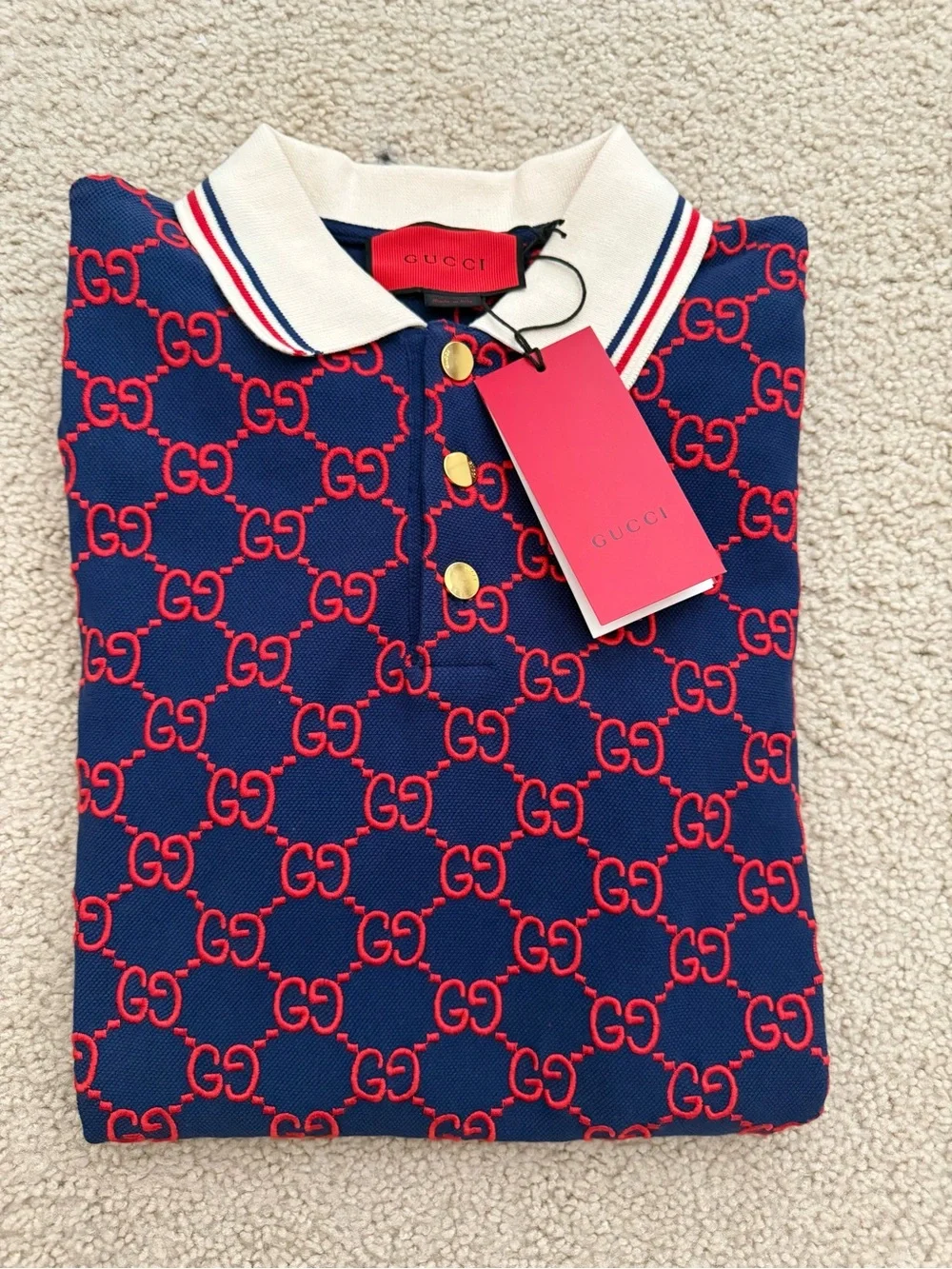 Gucci Navy Polo with Red GG Pattern and Cream Striped Collar